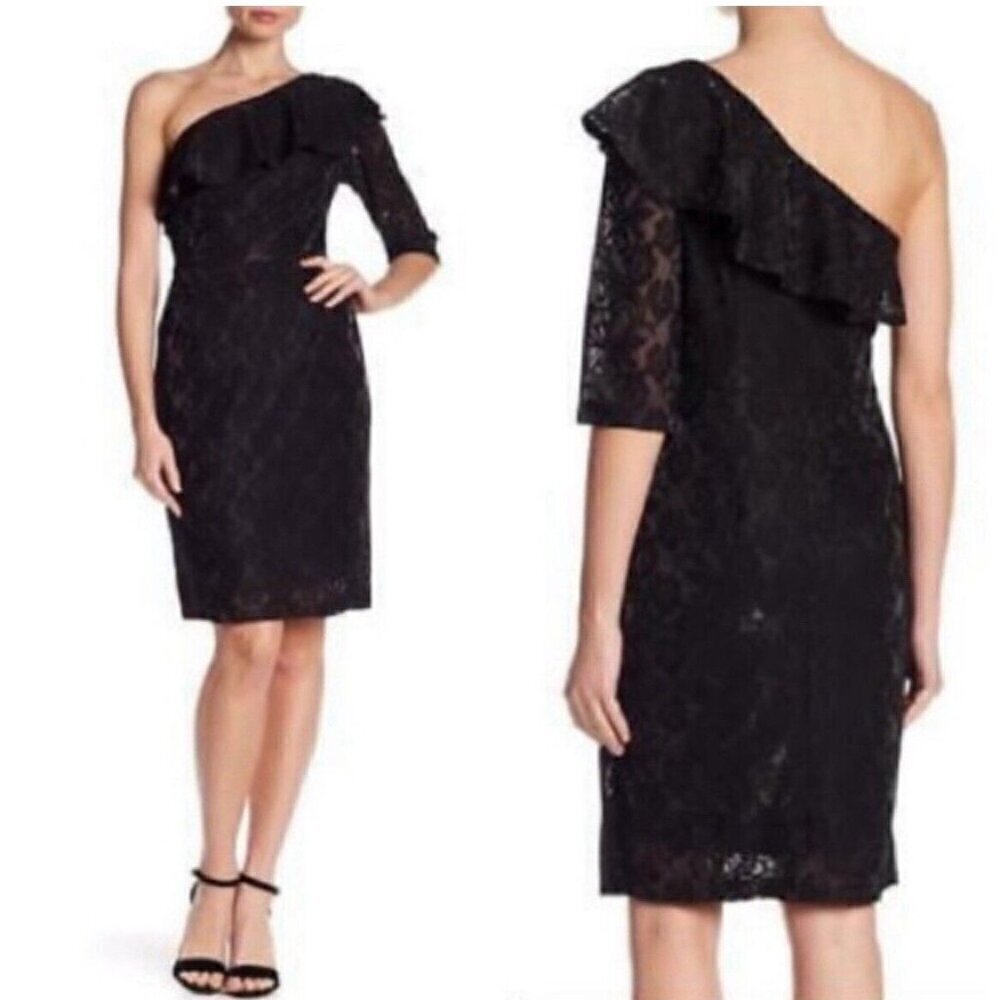 NWT Nordstrom One Shoulder Sheath Dress Black Ruffle cocktail Party
